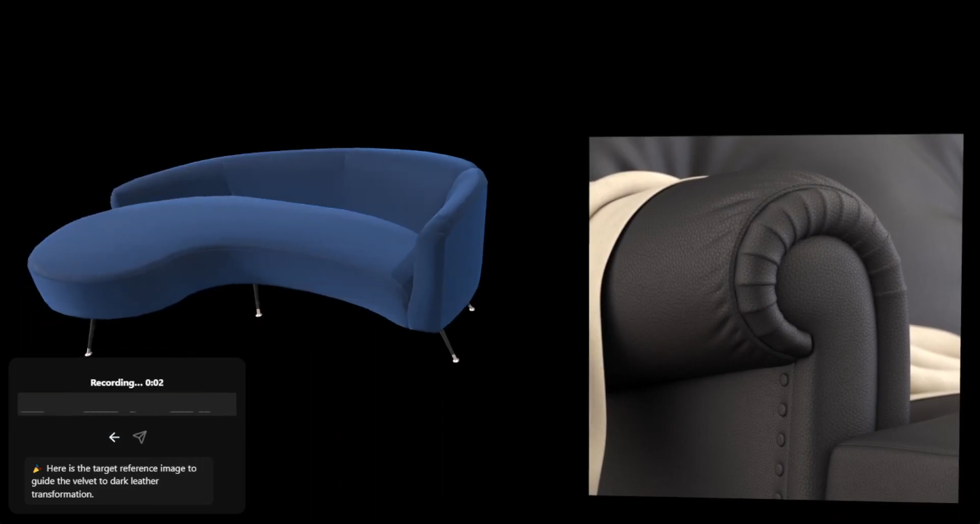 Viewport scene with a velvet sofa and leather reference, driven by Synavya LookDevAI